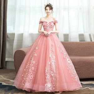 Pink Quinceañera Party Prom Off-Shoulder Floral Dress Ball Gown